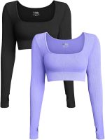OQQ Women's 2 Piece Crop Top Ribbed Seamless Workout Exercise Long Sleeve Crop Tops